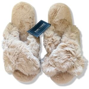 Parlovable Women Faux Fur Cross Band Slippers Camel Tan Fuzzy House Shoes L 9-10